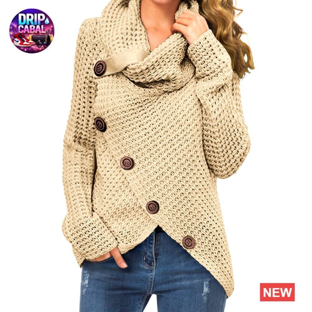 Chunky Turtleneck Pullover Sweater Asymmetric Hem Loose Knit Casual Chic